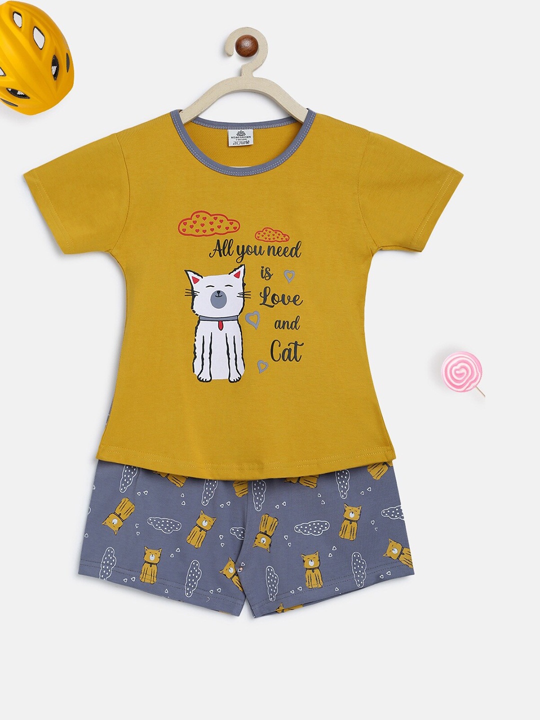 

HOMEGROWN Girls Conversational Printed Night Suit, Mustard