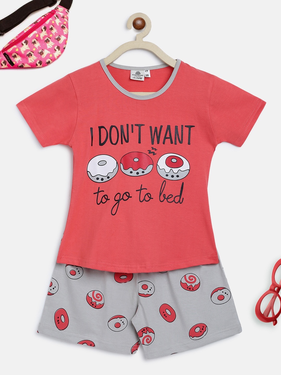 

HOMEGROWN Girls Conversational Printed Night Suit, Pink