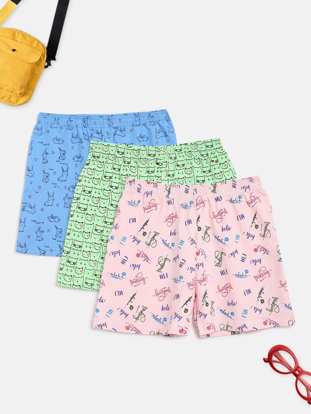 

HOMEGROWN Girls Pack of 3 Printed Regular Fit Shorts, Pink