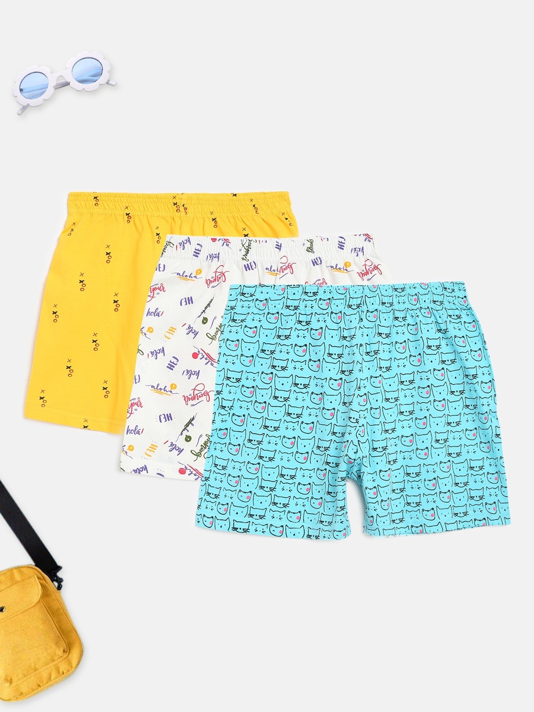 

HOMEGROWN Girls Pack of 3 Conversational Printed Mid-Rise Regular Shorts, Yellow