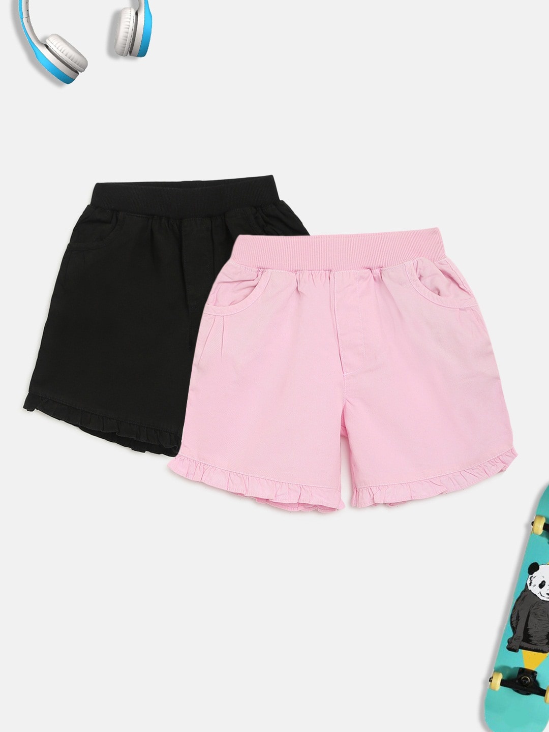 

HOMEGROWN Girls Pack of 2 Mid-Rise Cotton Shorts, Pink