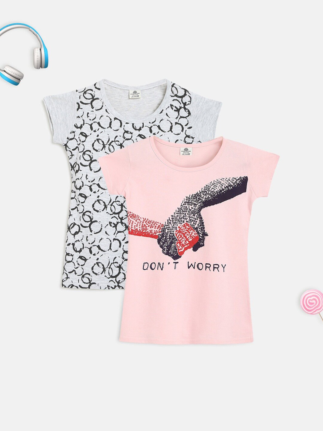 

HOMEGROWN Girls Pack Of 2 Typography Printed T-Shirt, Grey