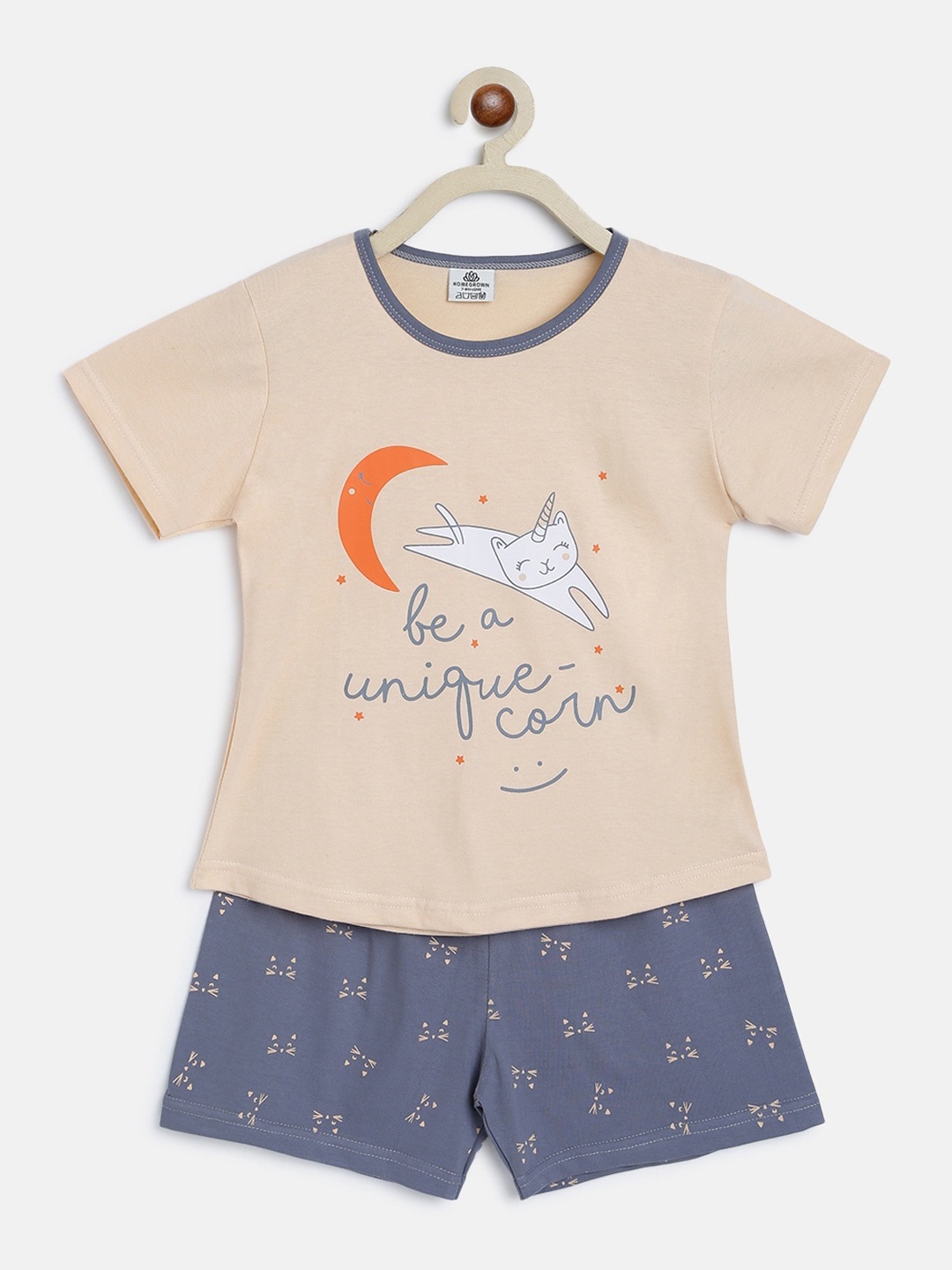 

HOMEGROWN Girls Graphic Printed Night Suit, Peach