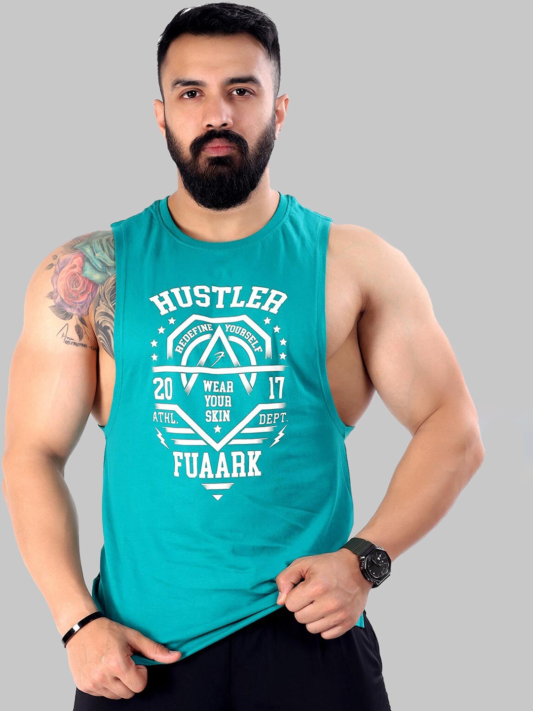 

FUAARK Men Printed Pure Cotton Slim-Fit Sports Innerwear Vest, Teal