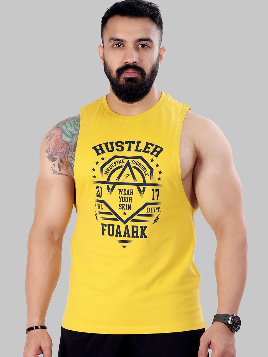 

FUAARK Men Printed Pure Cotton Slim-Fit Sports Innerwear Vest, Yellow