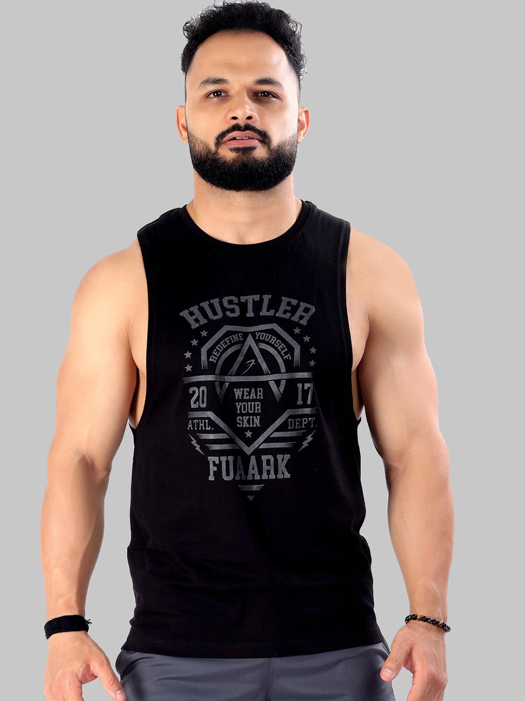 

FUAARK Men Printed Pure Cotton Slim-Fit Sports Innerwear Vest, Black