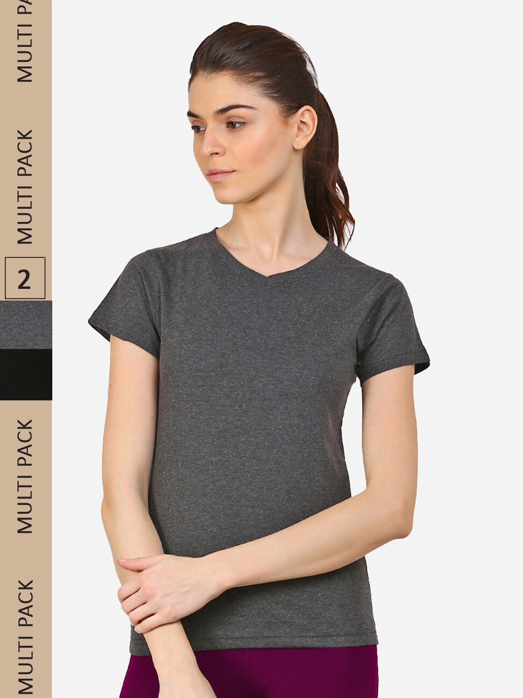 

appulse Pack Of 2 V-Neck Short Sleeves Slim Fit Running Cotton T-shirt, Grey