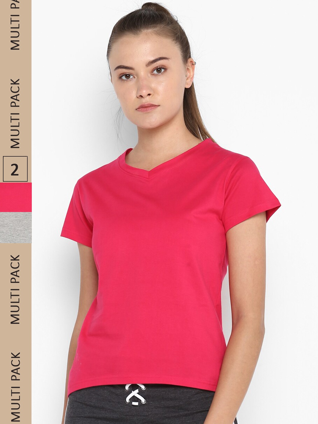 

appulse Pack Of 2 V-Neck Short Sleeves Slim Fit Running Cotton T-shirt, Pink
