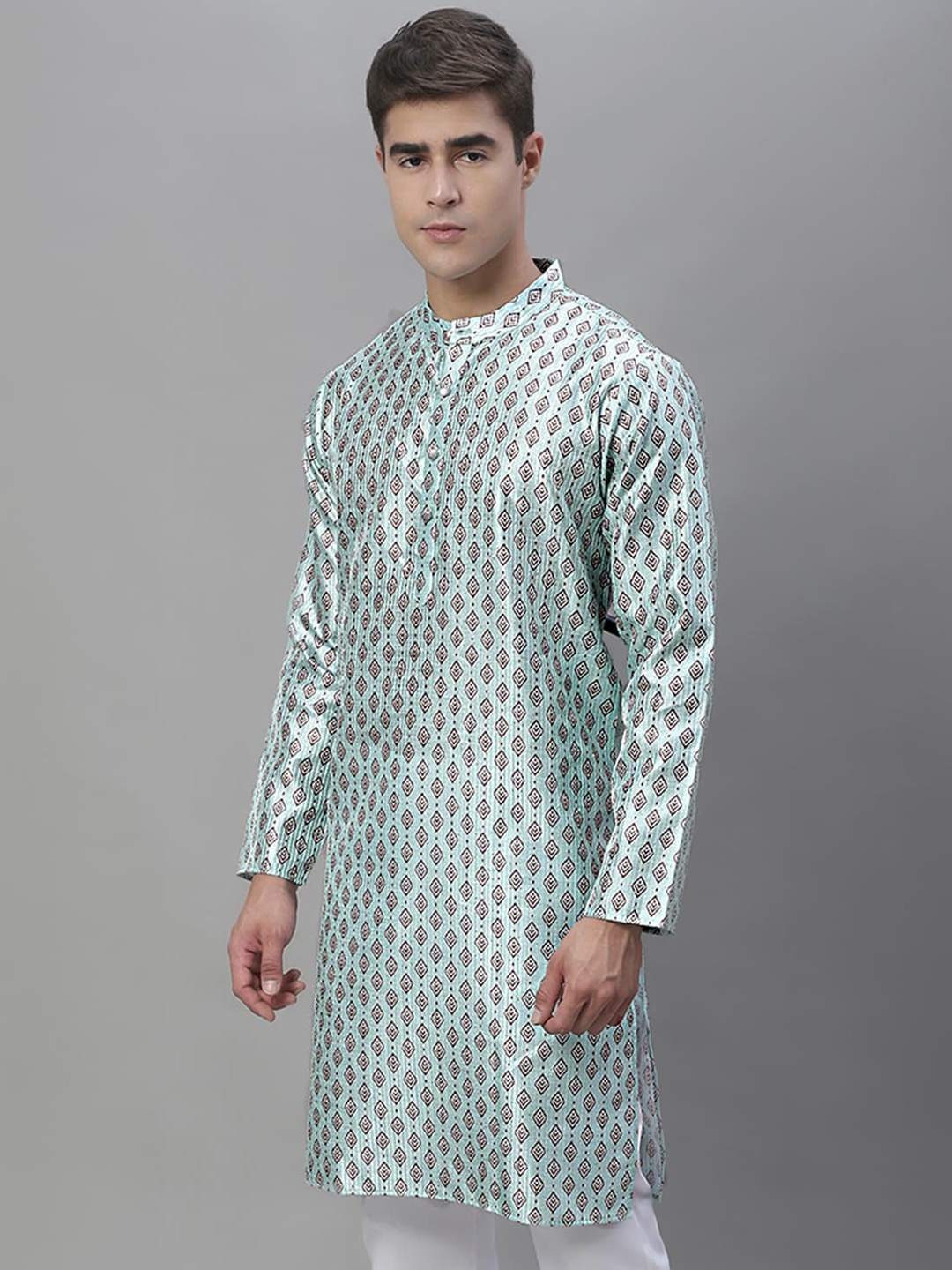 

Anouk Men Blue Printed Mandarin Collar Cotton Silk Kurta