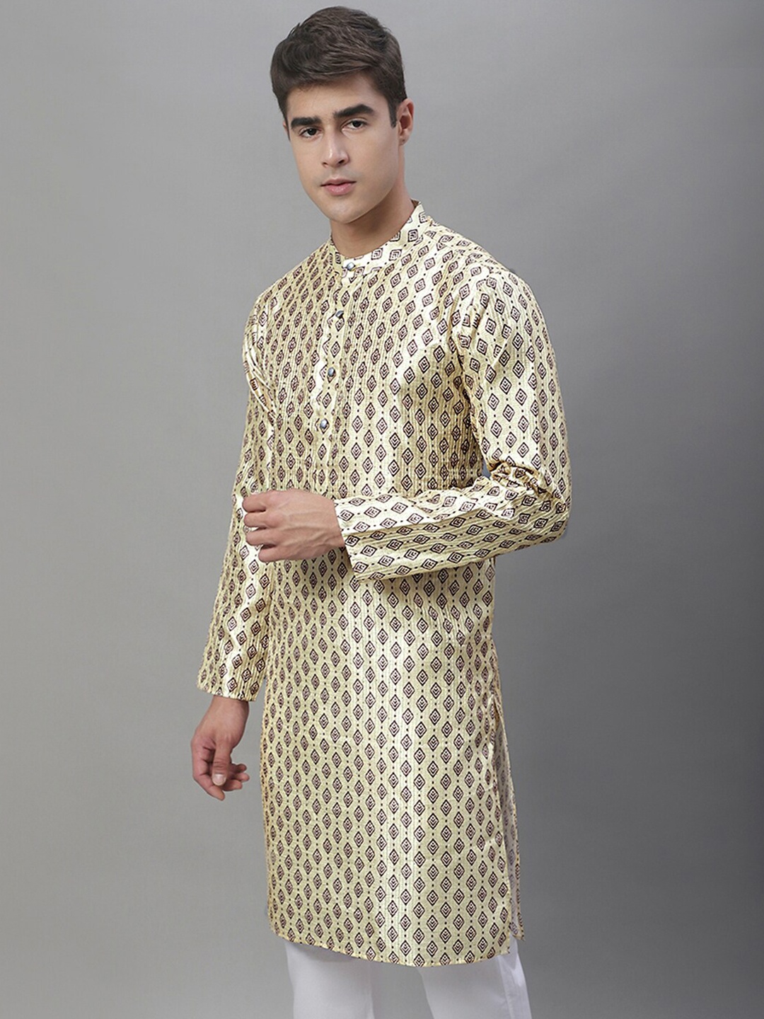 

Anouk Yellow & Maroon Ethnic Motif Printed Band Collar Kurta
