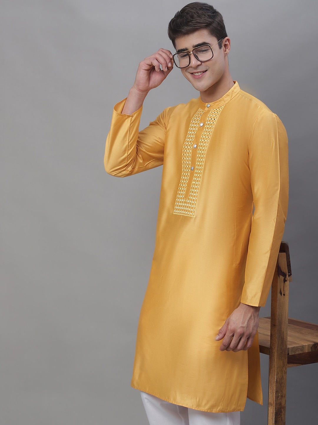 

Anouk Mustard Yellow Geometric Yoke Design Mirror Work Mandarin Collar Kurta