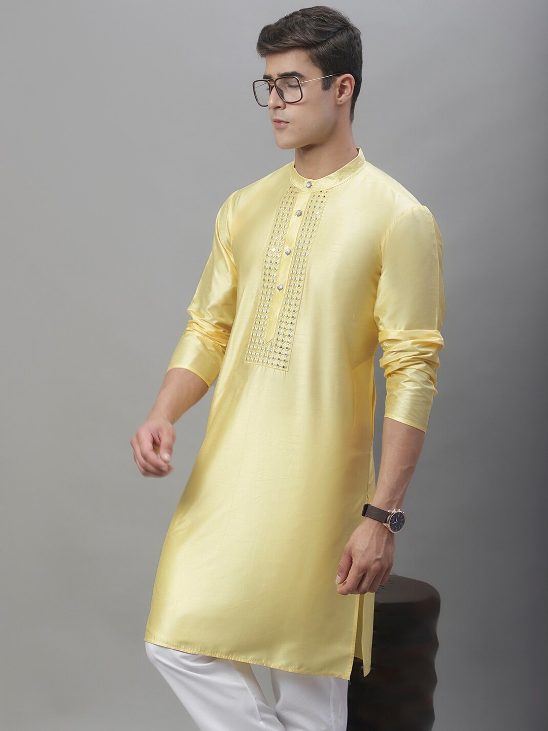 

Anouk Mustard Yellow Geometric Yoke Design Mirror Work Mandarin Collar Kurta