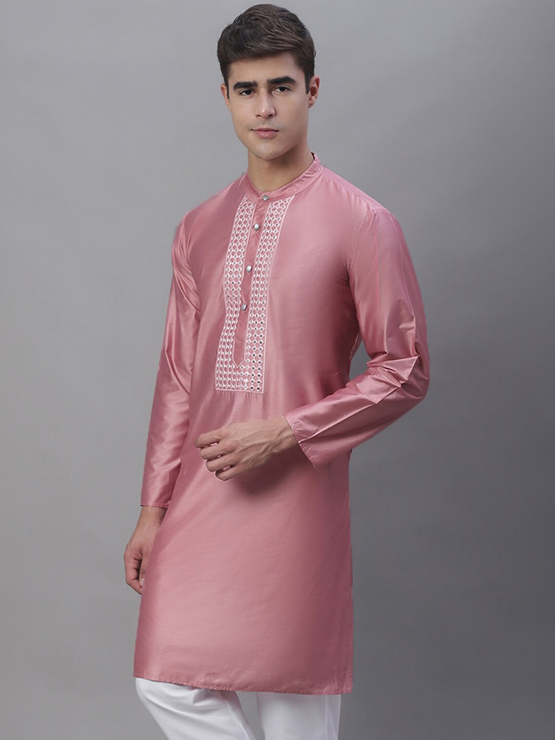 Anouk Band Collar Mirror Work Cotton Silk Kurta, Pink