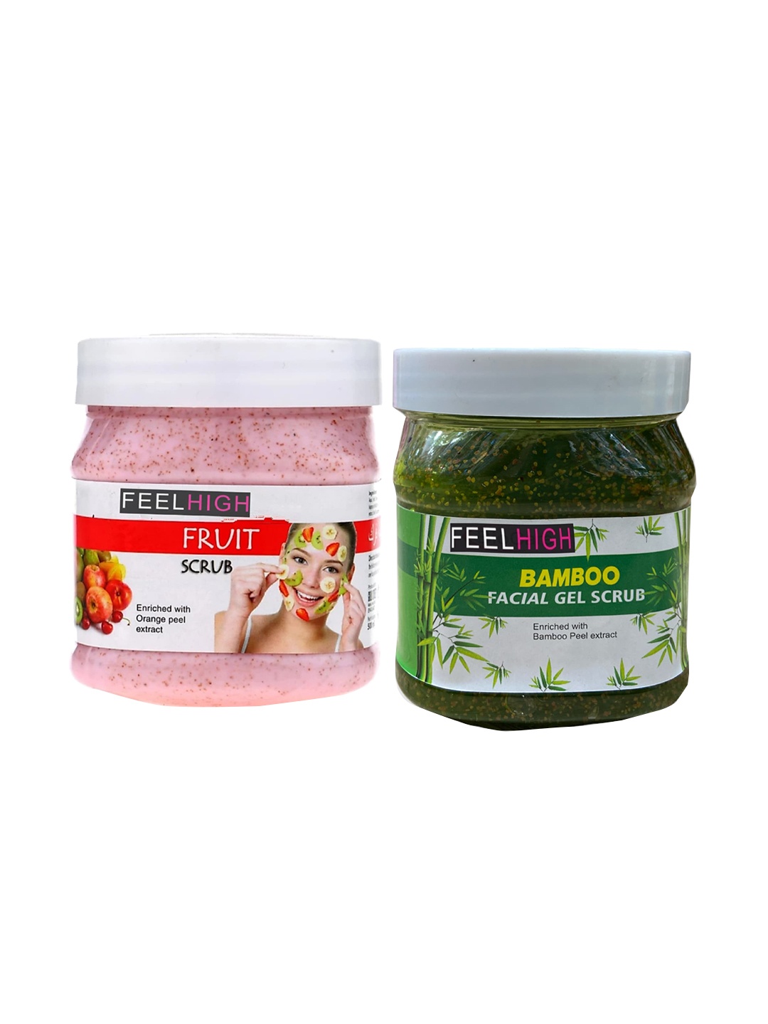 

FEELHIGH Set Of 2 Bamboo Facial Gel Scrub & Mix Fruit Scrub - 500 ml Each, Green