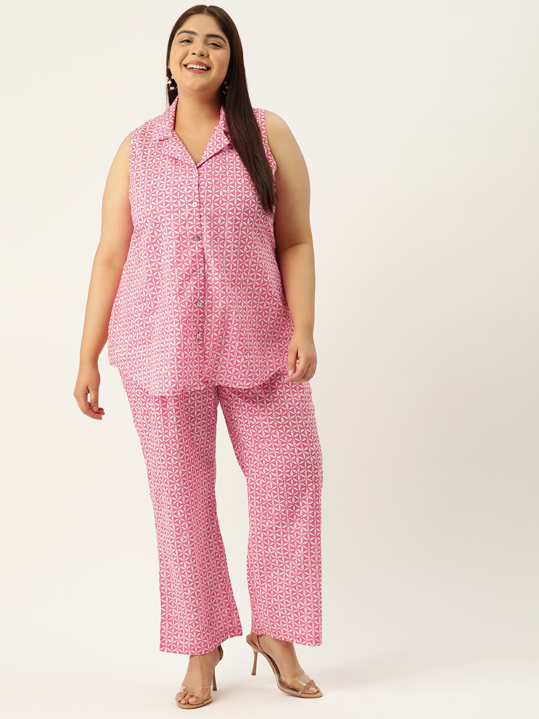

theRebelinme Women Pink & Off White Printed Shirt with Trousers