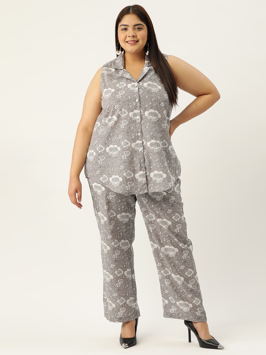 

theRebelinme Plus Size Printed Cotton Shirt with Trousers, Grey