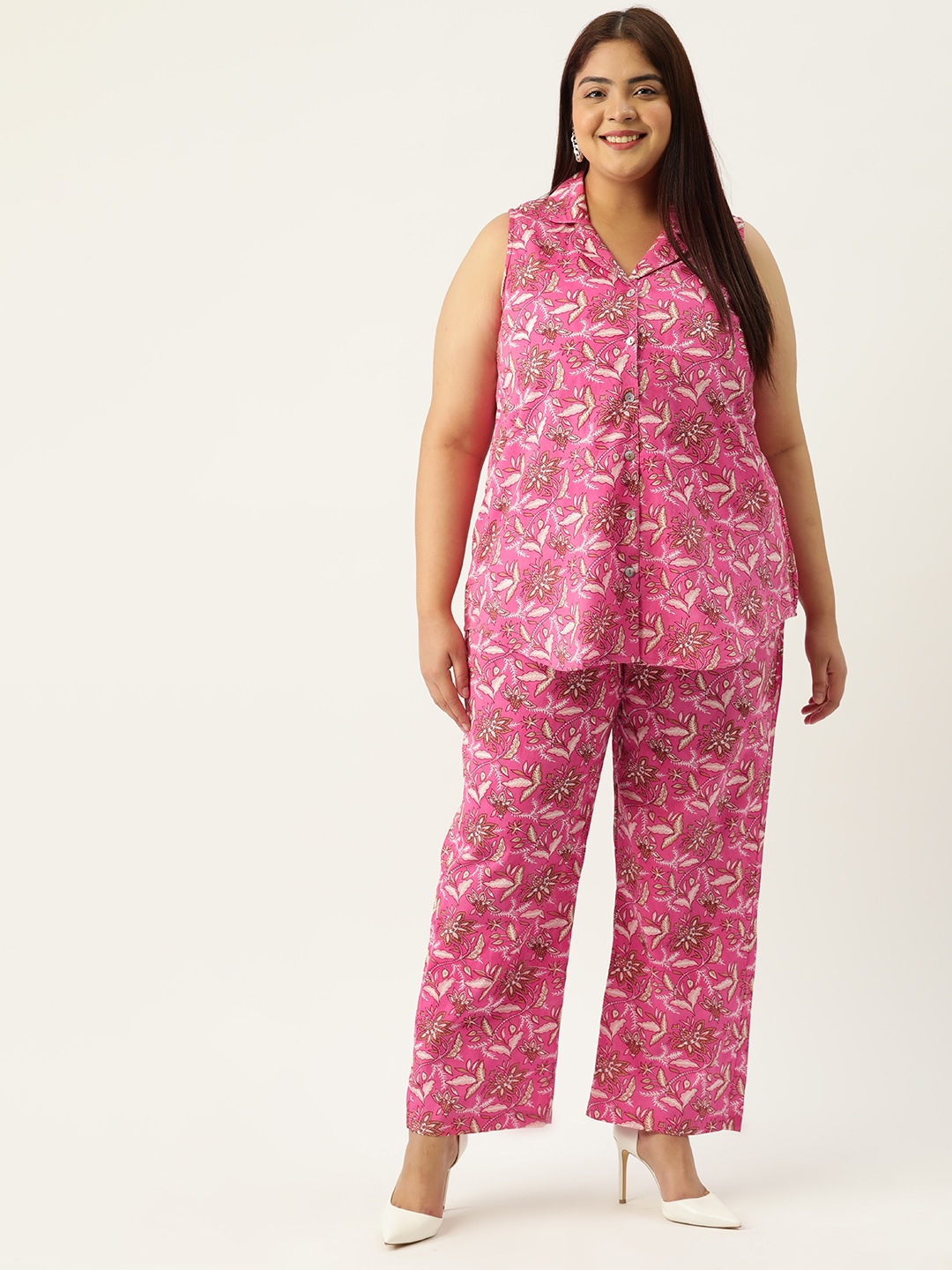 

theRebelinme Plus Size Printed Cotton Shirt with Trousers, Fuchsia