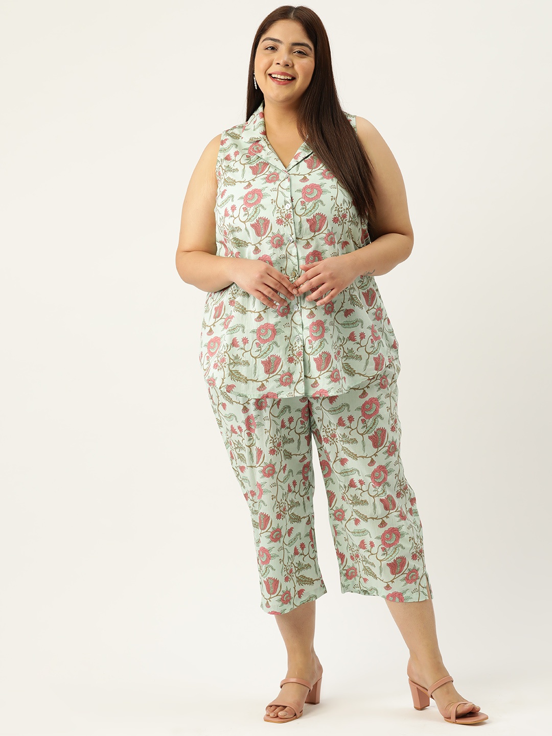 

theRebelinme Plus Size Printed Cotton Shirt with Capris, Sea green