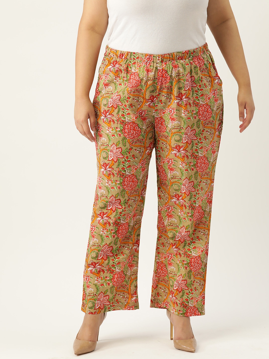 

theRebelinme Women Green Floral Printed Relaxed Loose Fit High-Rise Trousers