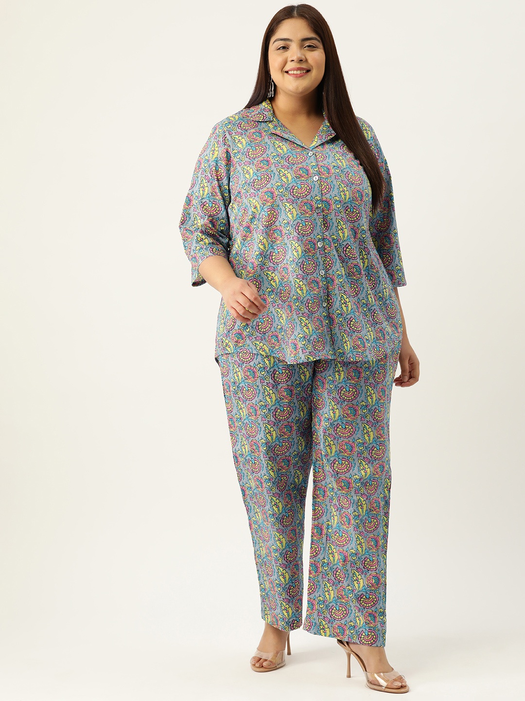 

theRebelinme Plus Size Printed Cotton Shirt with Trousers, Grey