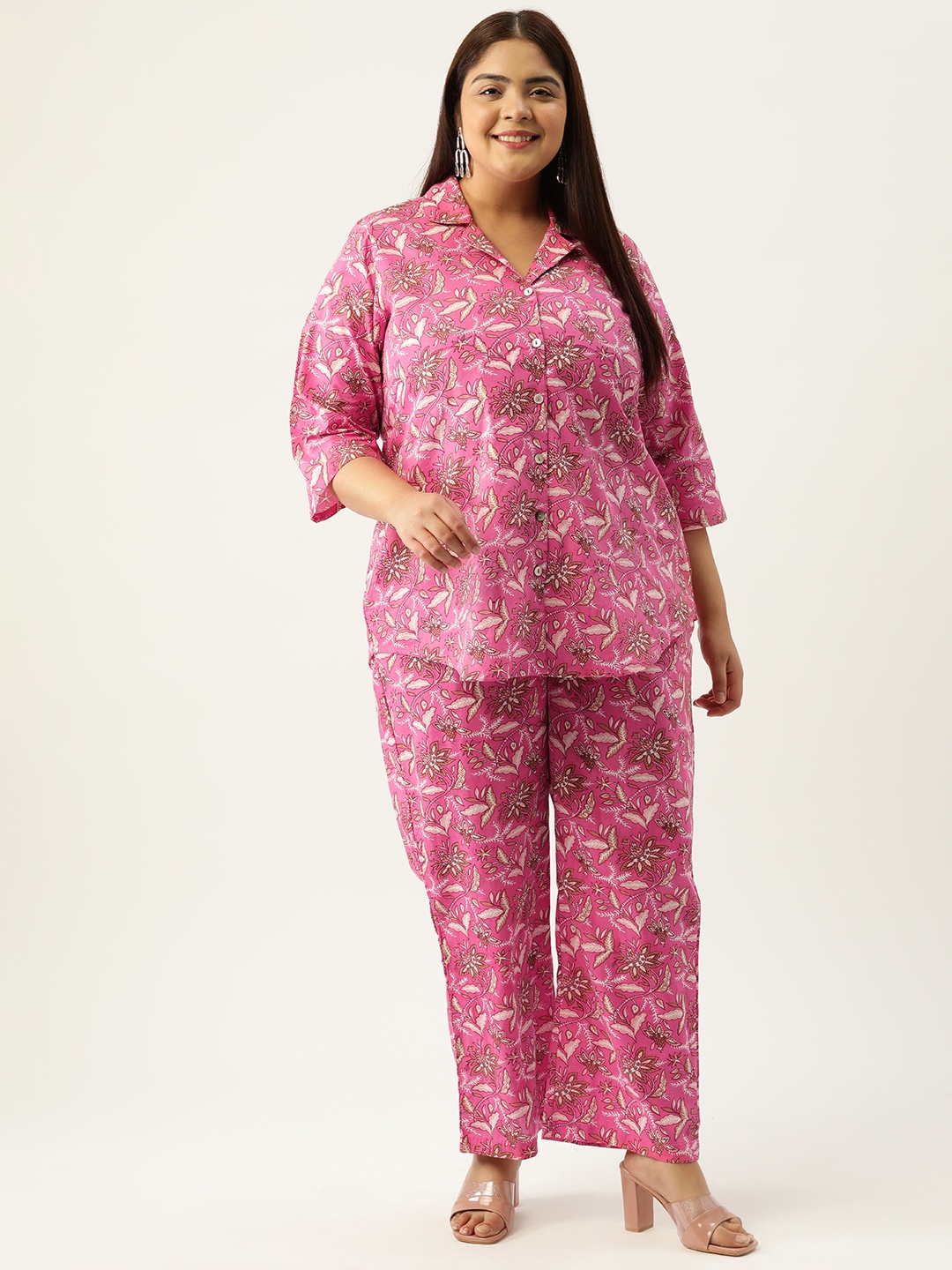 

theRebelinme Plus Size Printed Cotton Shirt with Trousers, Fuchsia