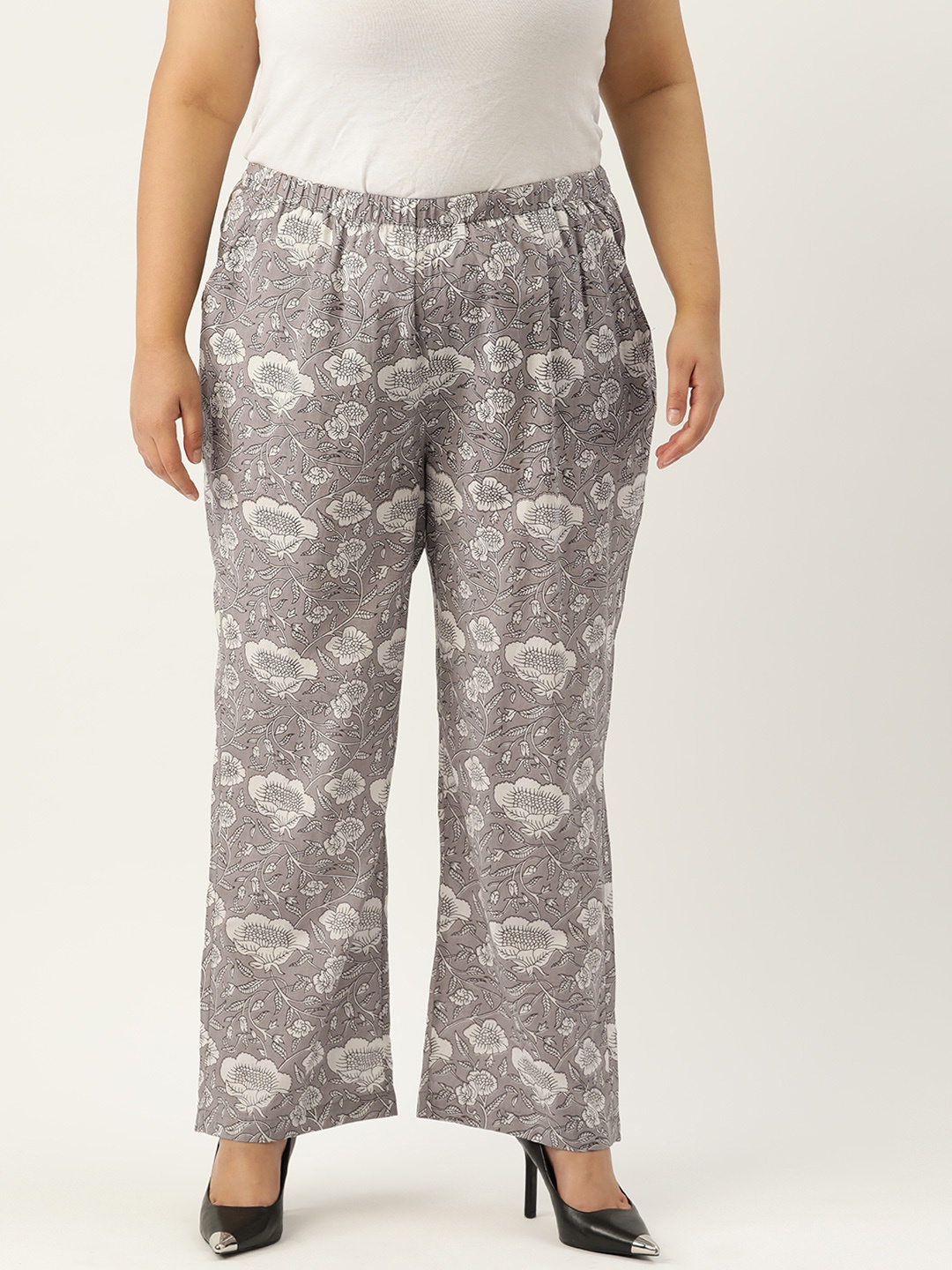 

theRebelinme Women Grey Floral Printed Relaxed Loose Fit High-Rise Trousers