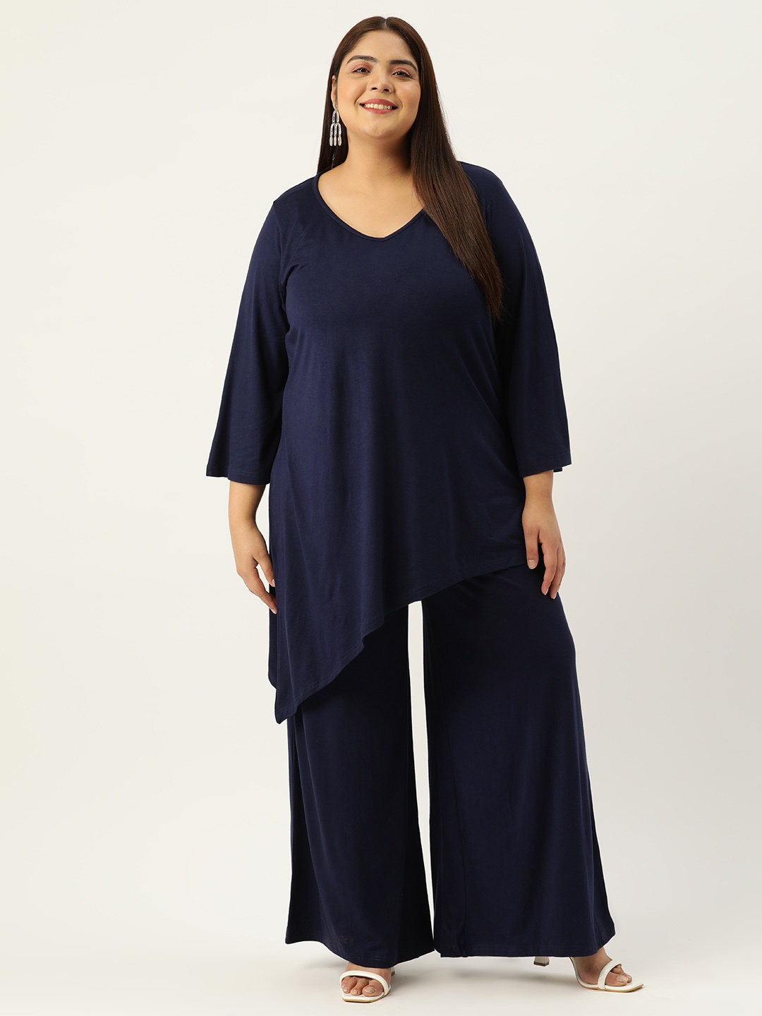 

theRebelinme Women Plus Size V-Neck Top With Palazzos, Navy blue