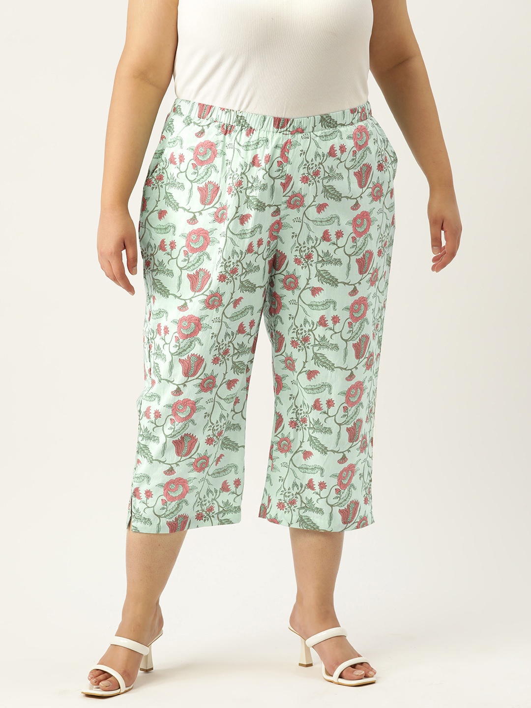 

theRebelinme Floral Printed Cotton Capris, Sea green