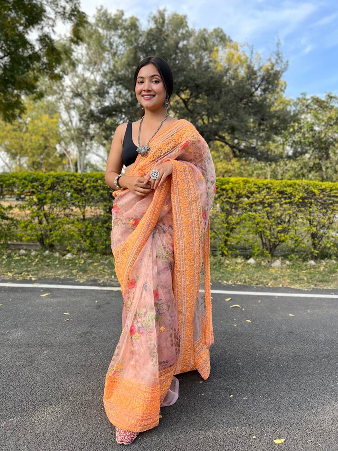 

Exclusiva Floral Printed Embroidered Organza Saree, Orange