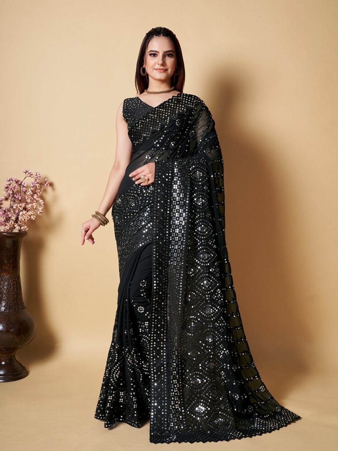 

Exclusiva Embellished Sequinned Poly Georgette Saree, Black