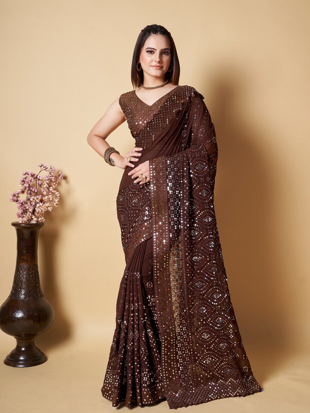 

Exclusiva Embellished Sequinned Saree, Brown