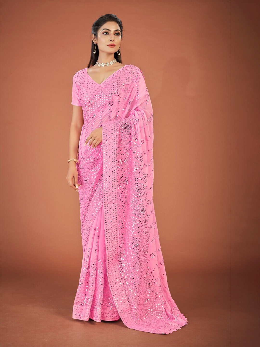 

Exclusiva Sequinned Embellished Saree, Pink