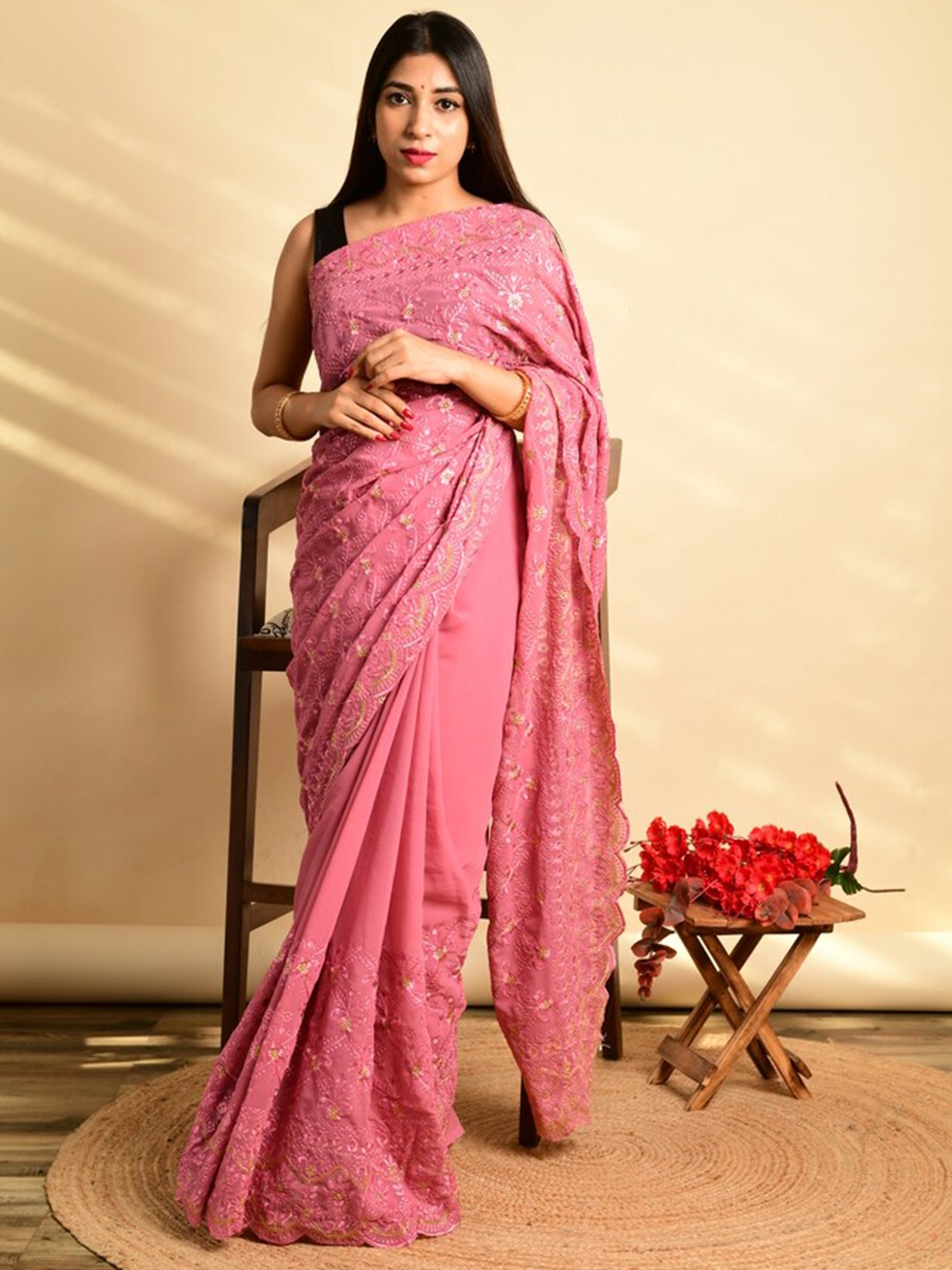 

Exclusiva Floral Embroidered Poly Georgette Saree, Pink