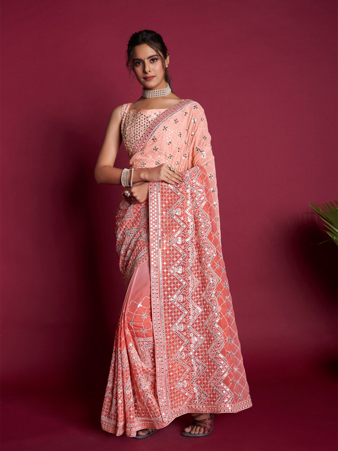 

Exclusiva Floral Embroidered Sequinned Poly Georgette Saree, Peach