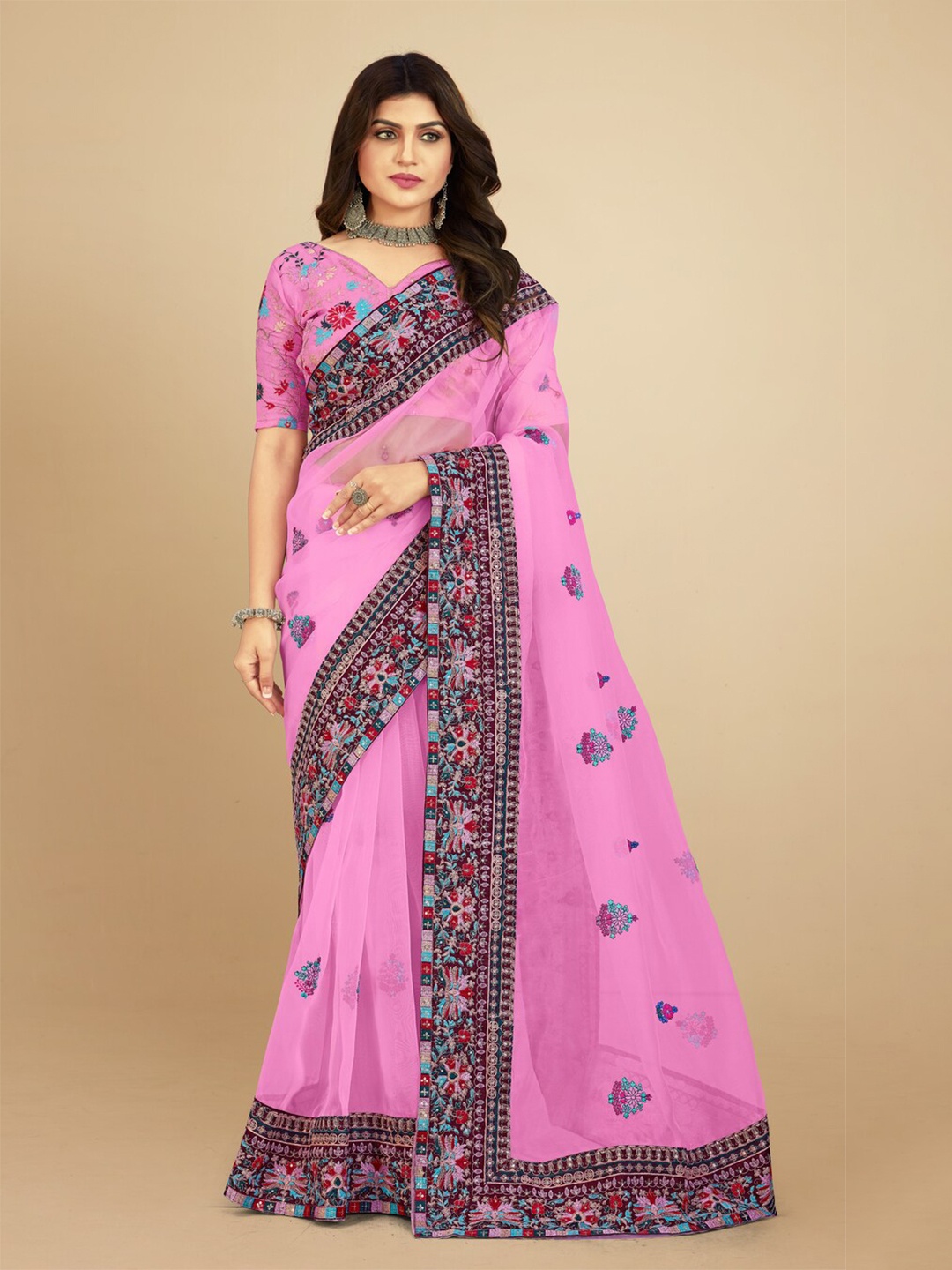 

Exclusiva Floral Embroidered Organza Saree, Pink