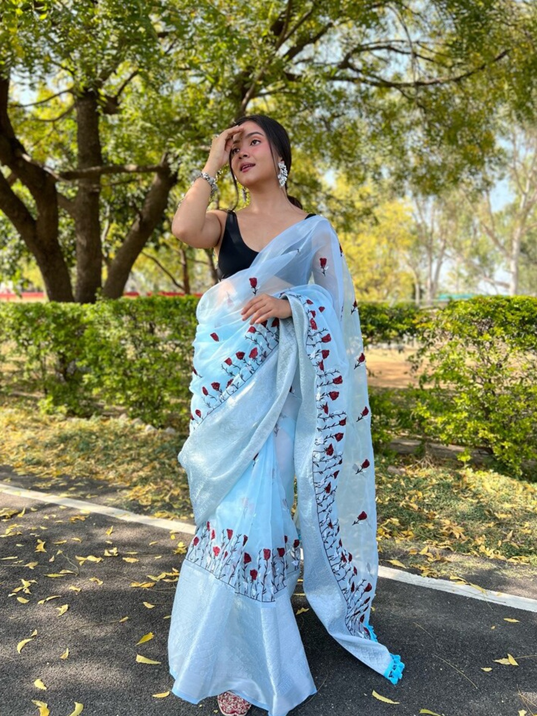 

Exclusiva Floral Embroidered Zari Organza Saree, Blue