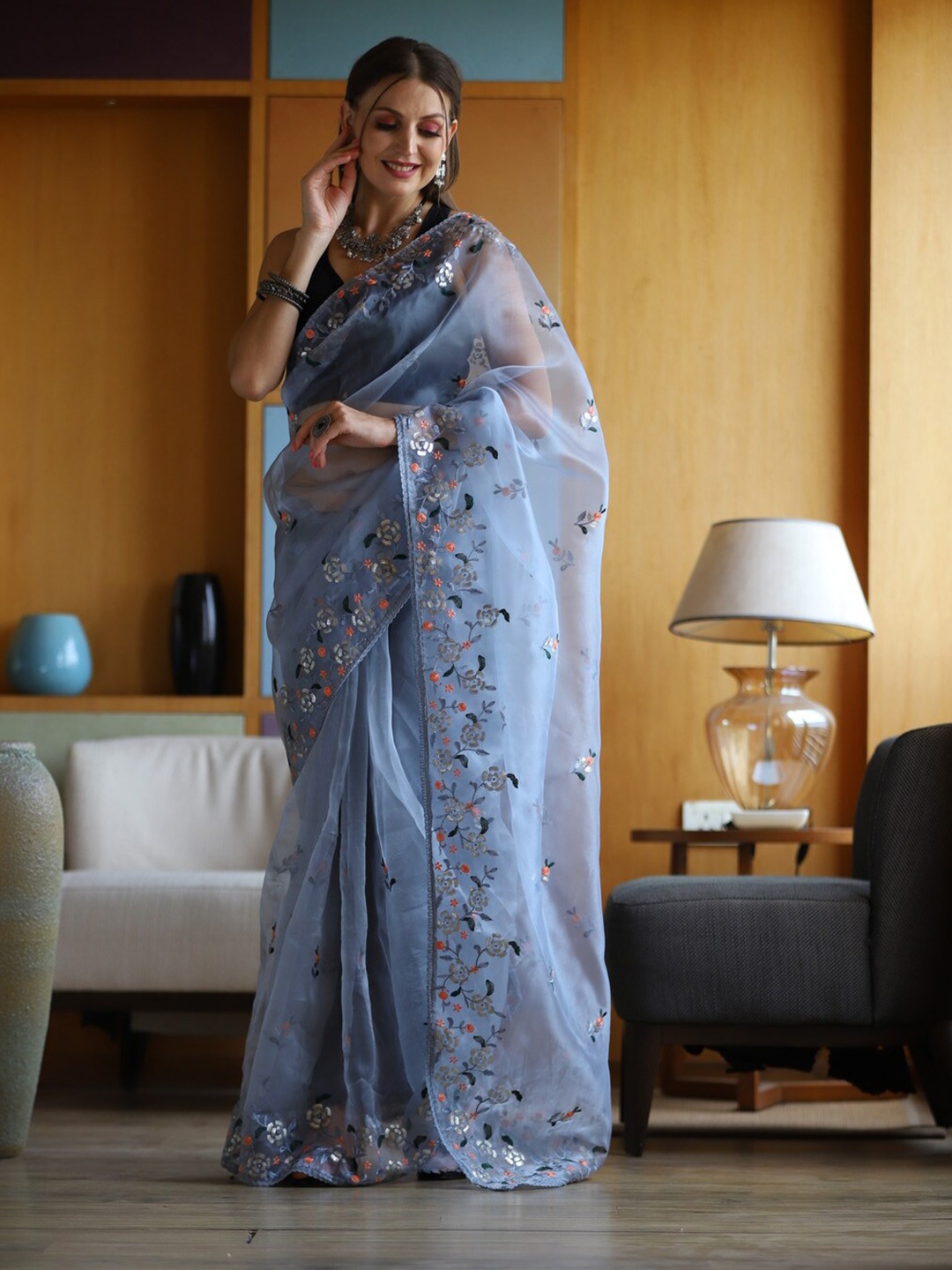 

Exclusiva Floral Embroidered Organza Saree, Blue