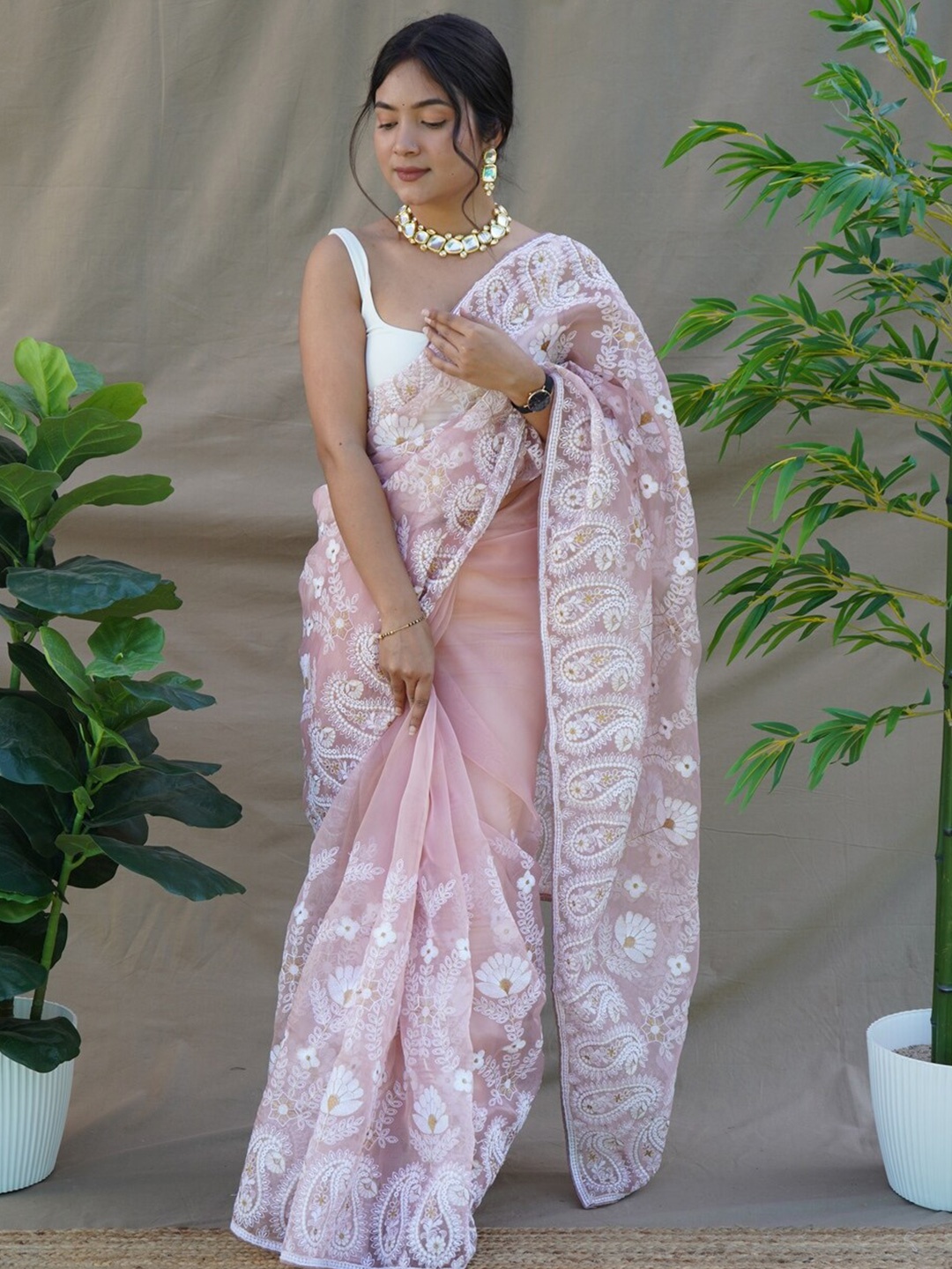 

Exclusiva FloralEmbroidered Organza Saree, Brown