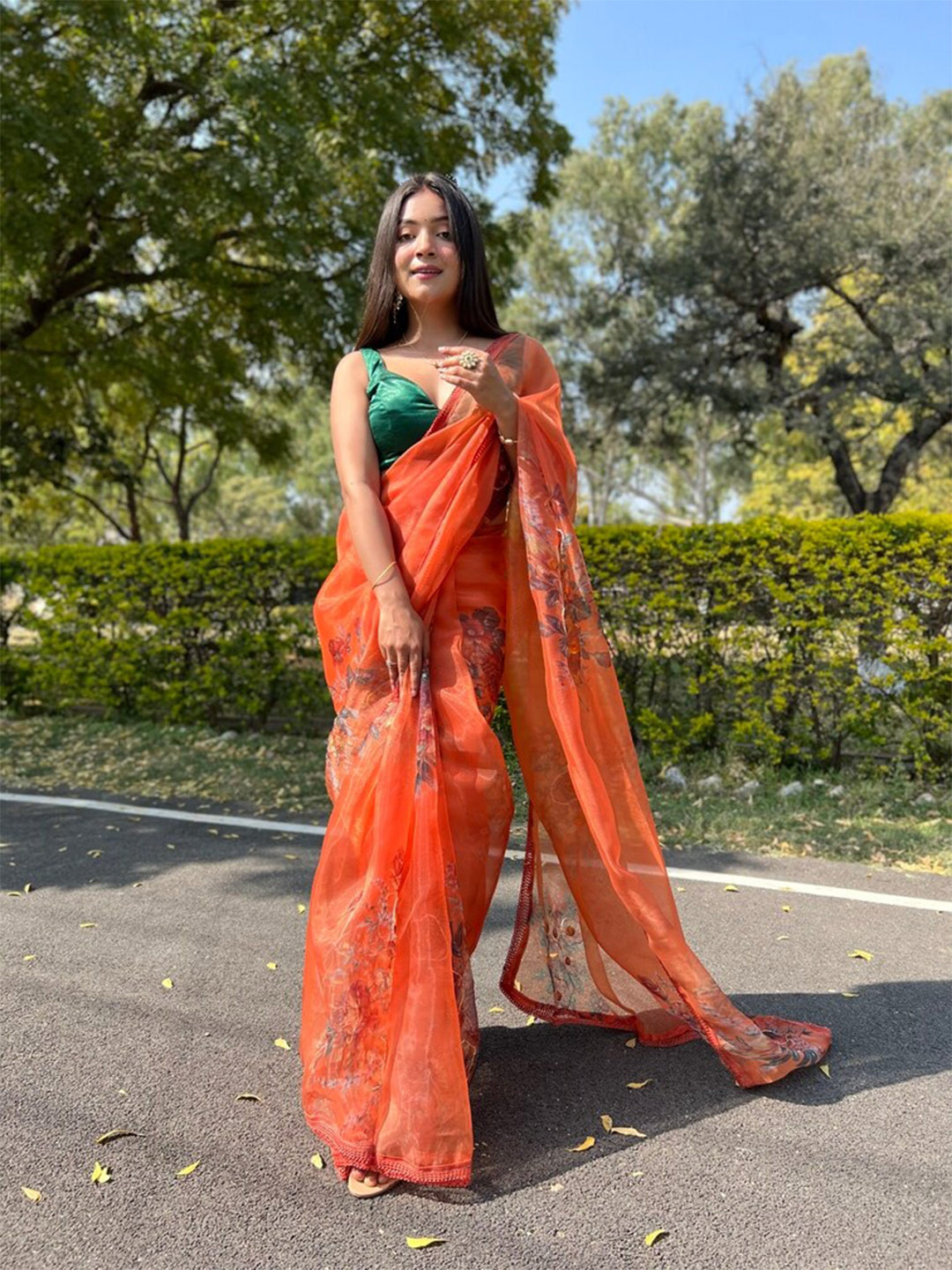

Exclusiva Floral Printed Embroidered Organza Saree, Orange