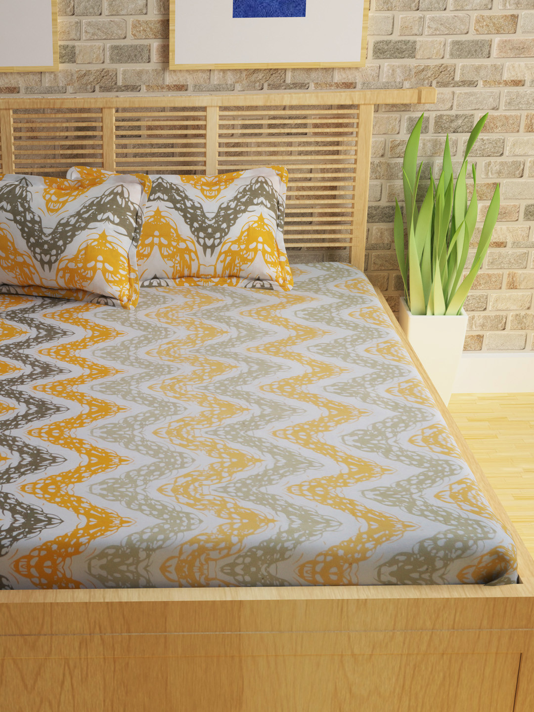 

Story@home Off-White Cotton 210 TC Double Queen Bedsheet with 2 Pillow Covers, Mustard