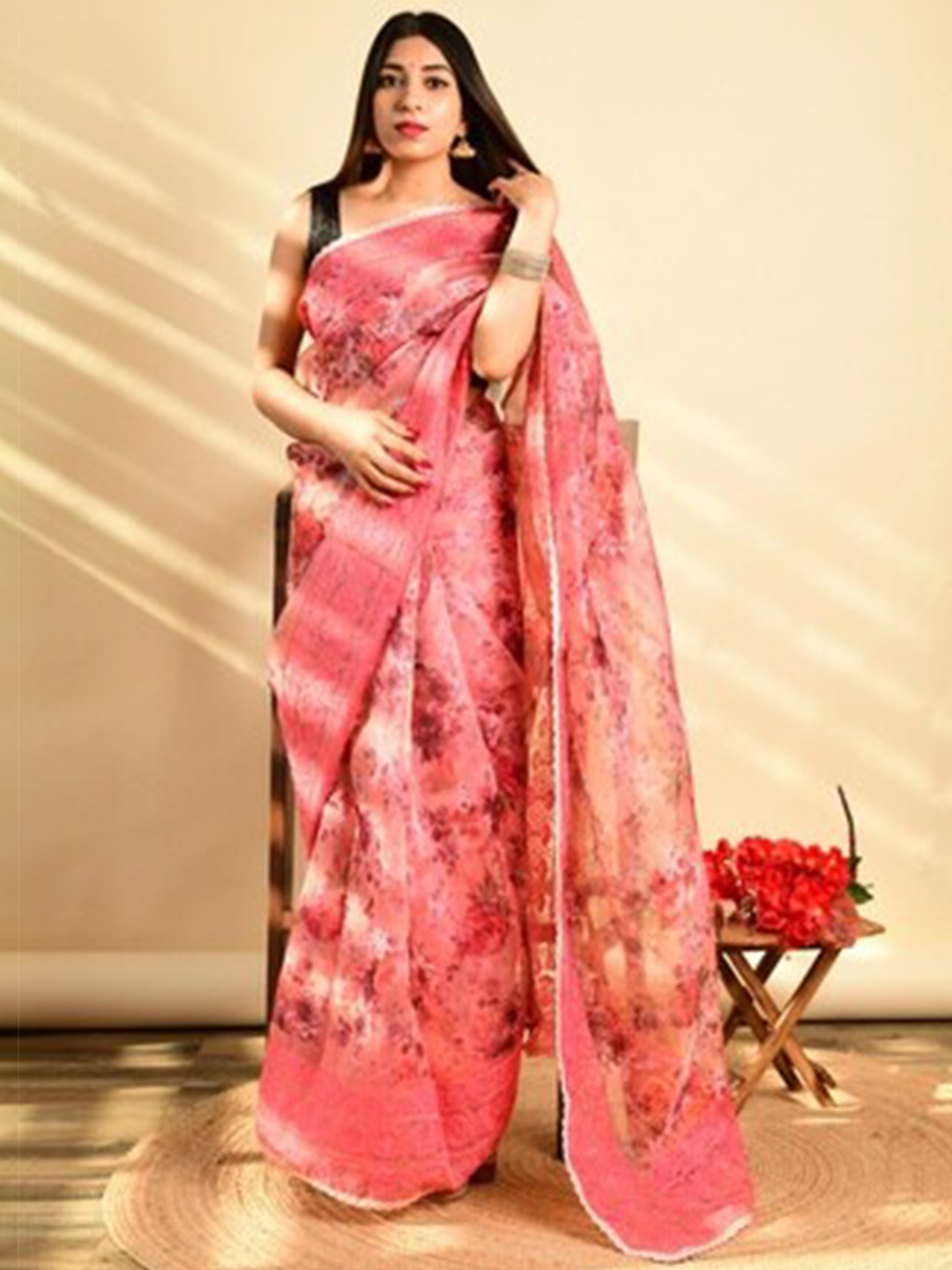 

Exclusiva Floral Printed Embroidered Organza Saree, Pink