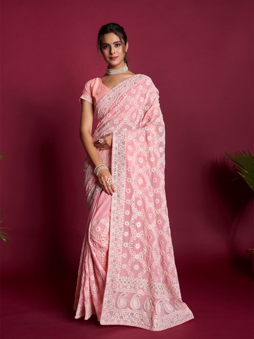 

Exclusiva Ethnic Motifs Embroidered Saree, Pink