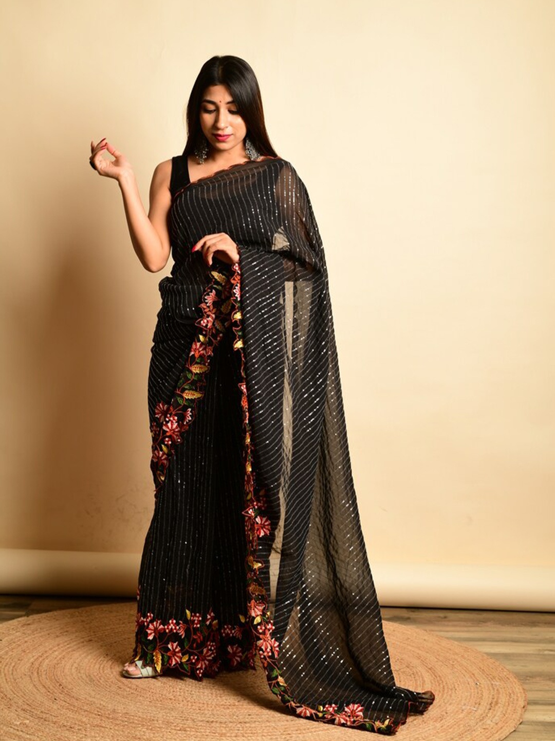 

Exclusiva Sequin Embellished Embroidered Saree, Black