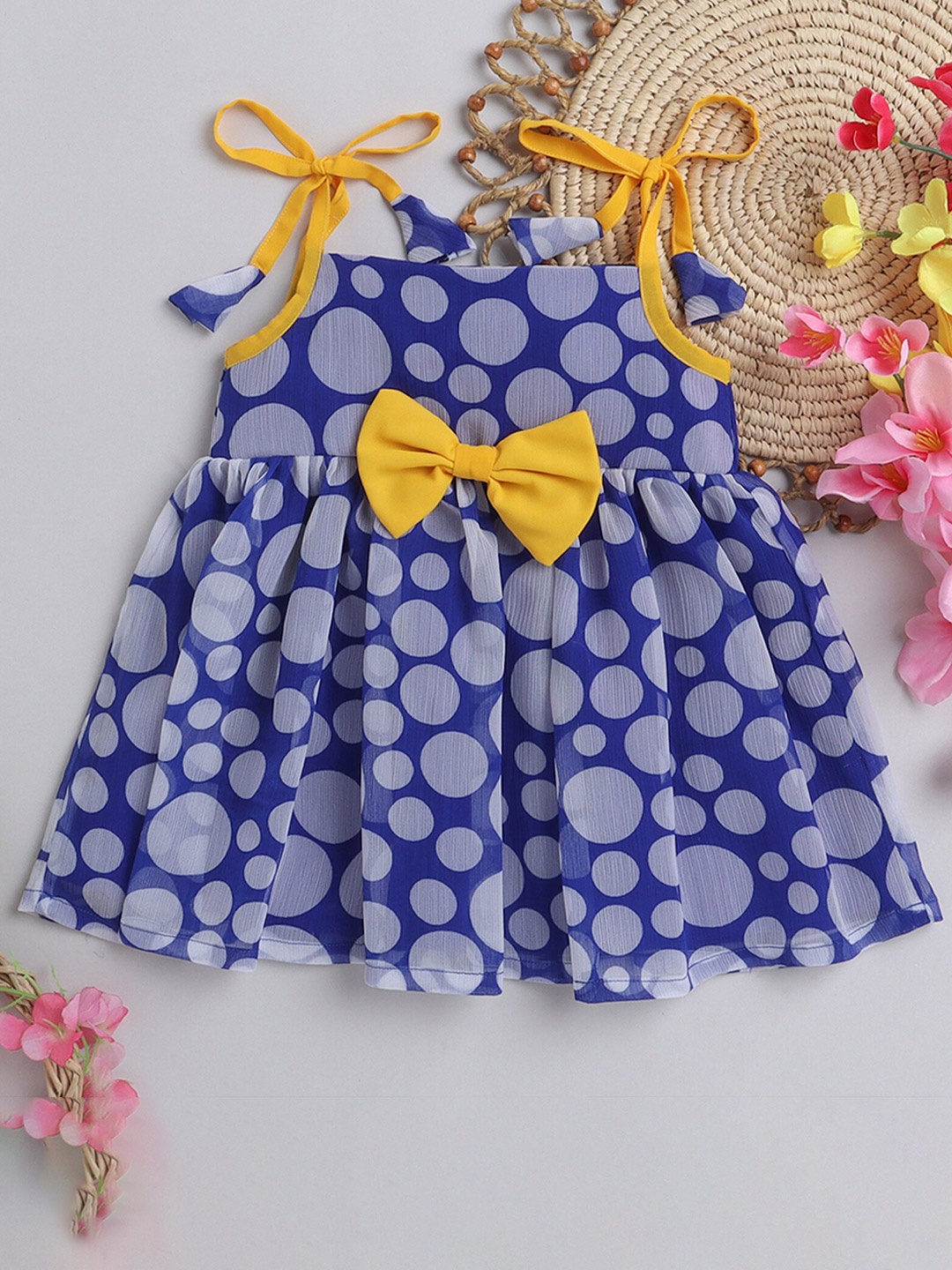 

MANY FROCKS & Infant Girls Polka Dot Printed Bow Detail Fit & Flare Dress, Blue