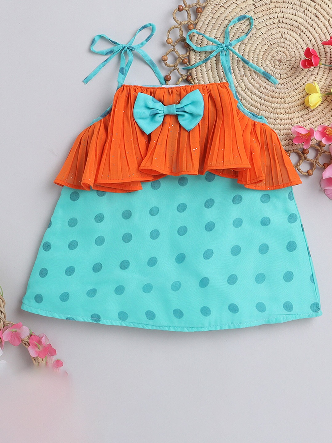 

MANY FROCKS & Infant Girls Polka Dot Printed Ruffled A-Line Midi Dress, Turquoise blue