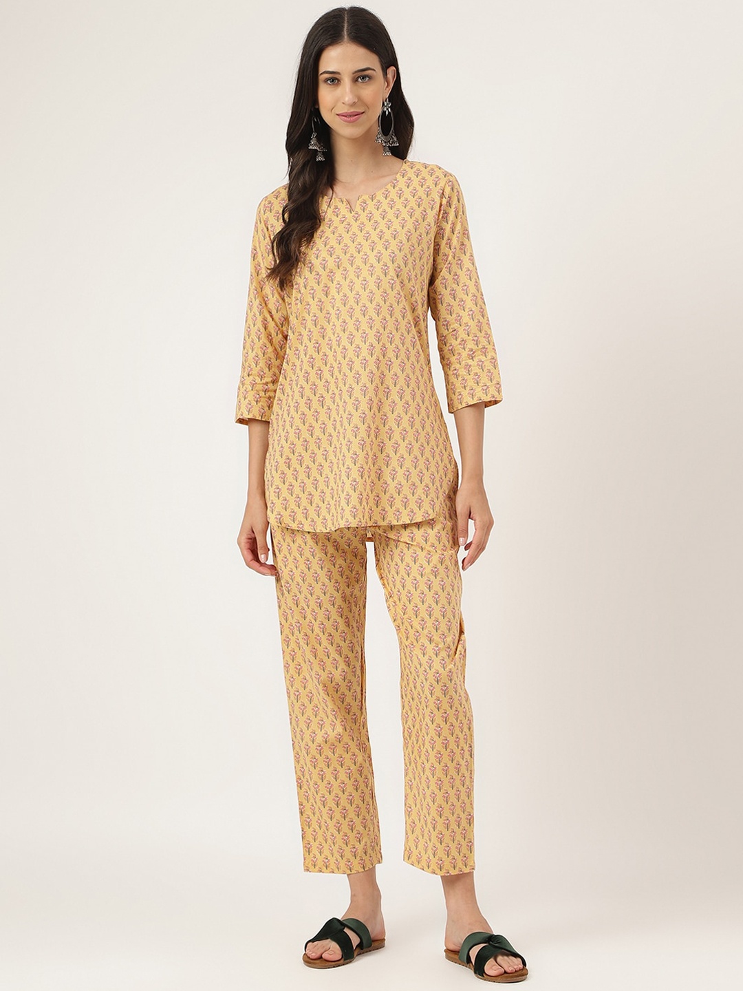 

Divena Floral Printed Pure Cotton Night Suit, Mustard