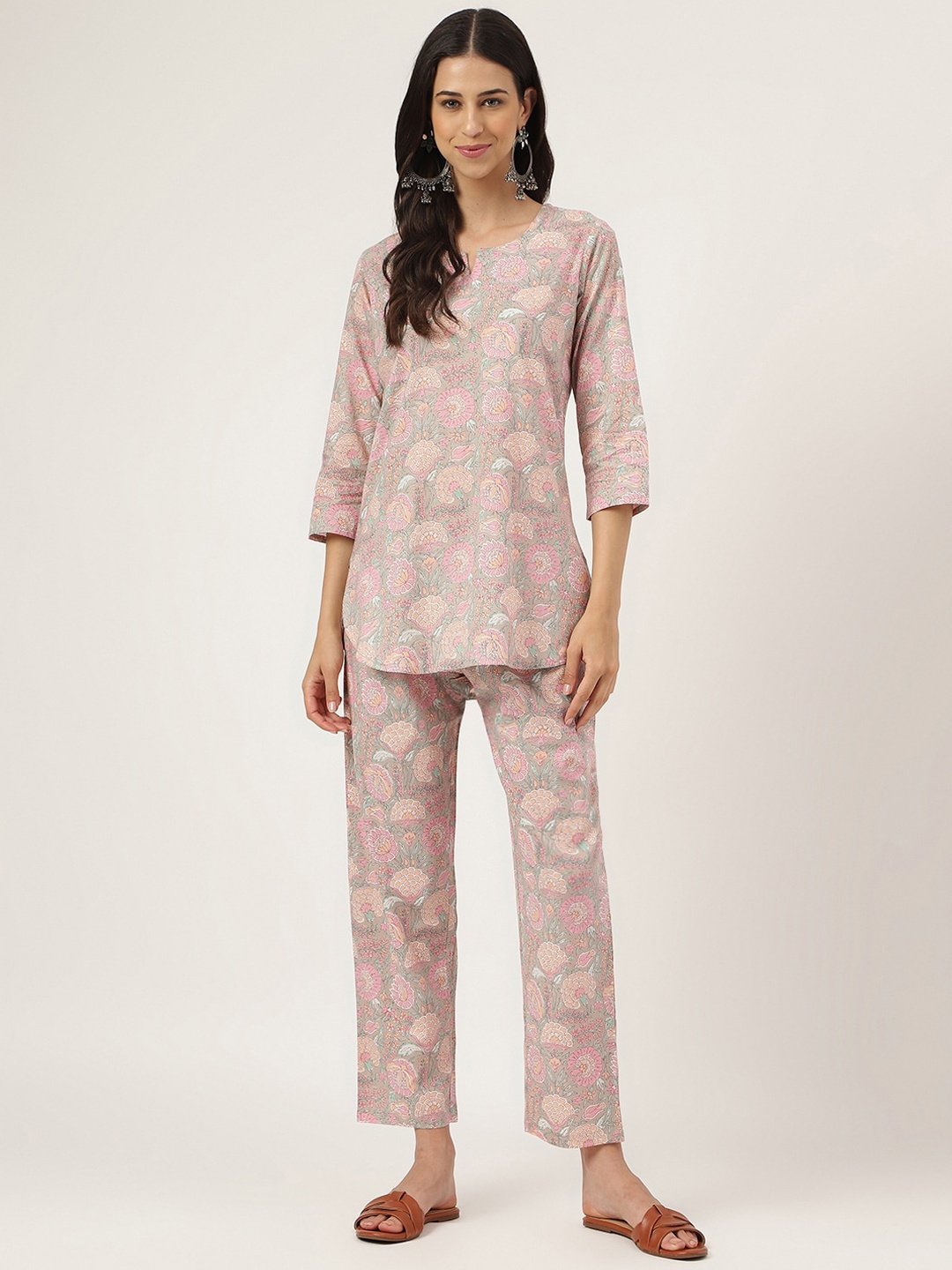 

Divena Floral Printed Pure Cotton Night Suit, Camel brown