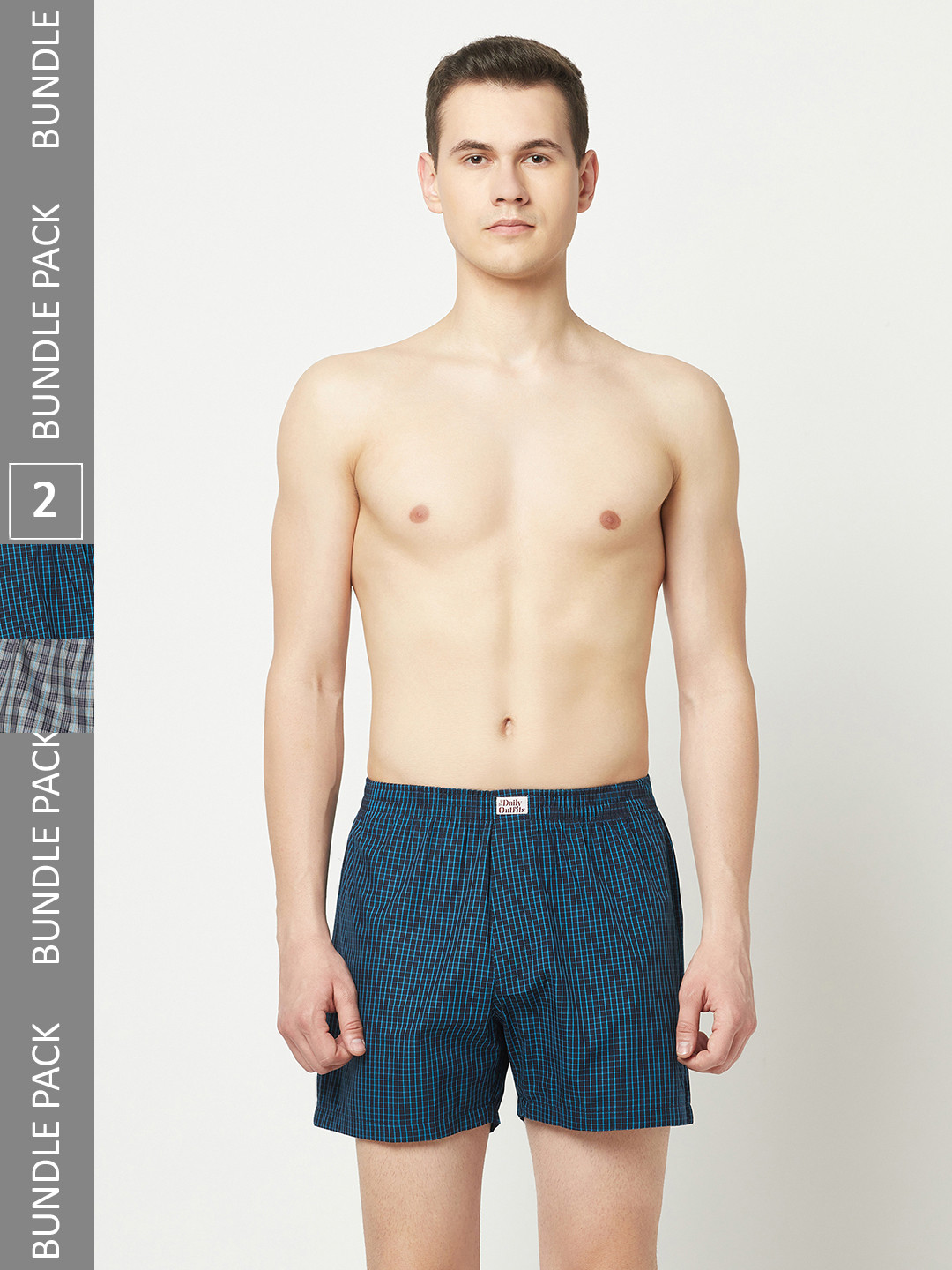 

THE DAILY OUTFITS Pack of 2 Checked Pure Cotton Boxers, Navy blue