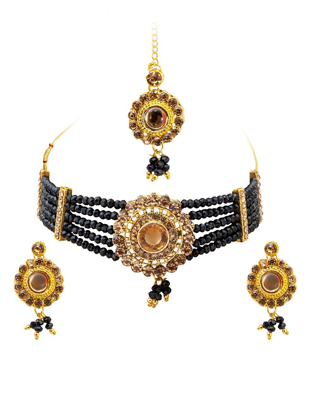 

Shining Jewel - By Shivansh Gold-Plated CZ-Studded & Beaded Jewellery Set