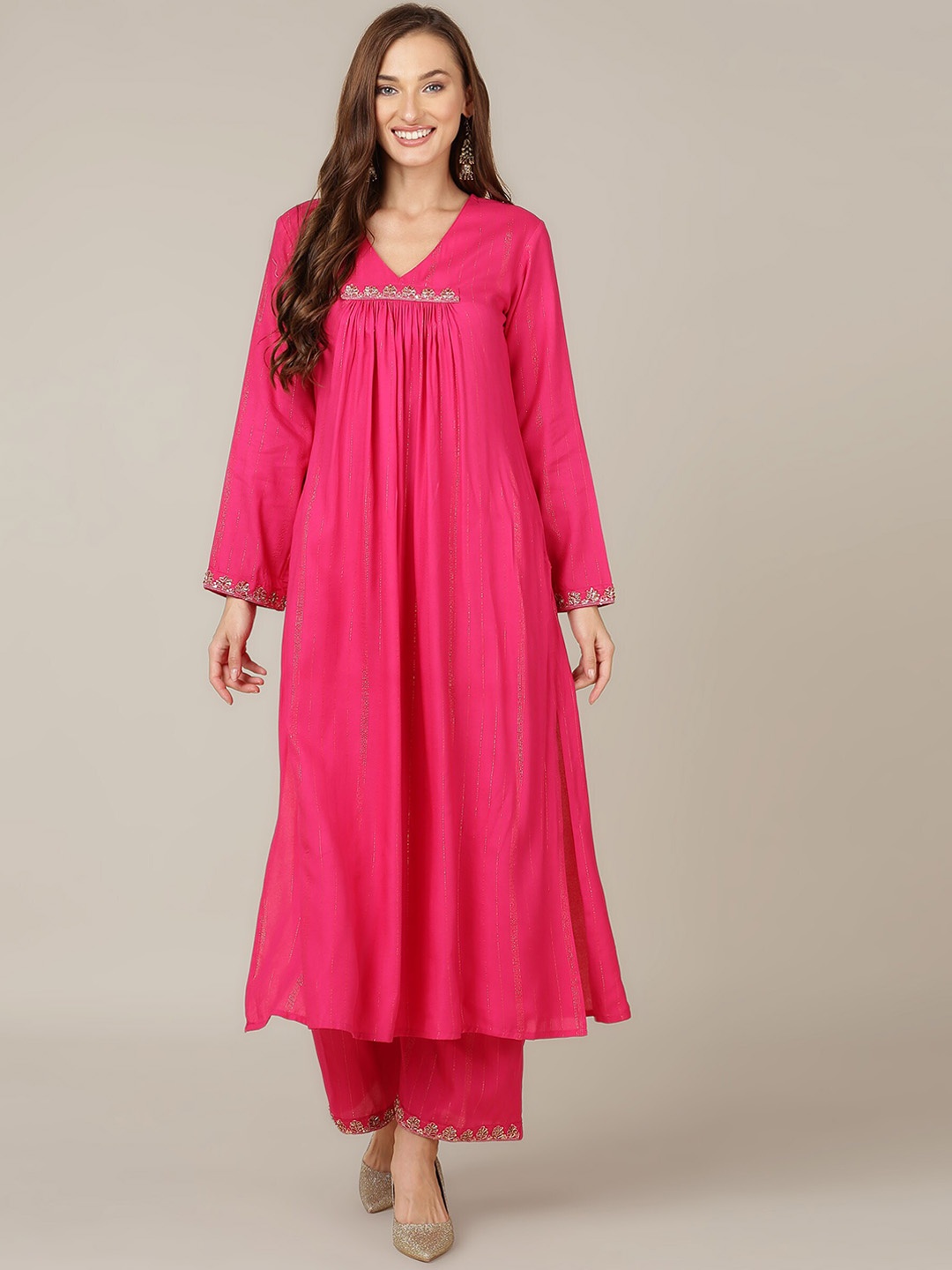 

MALHAAR V-Neck Regular A-Line Kurta With Palazzos, Pink
